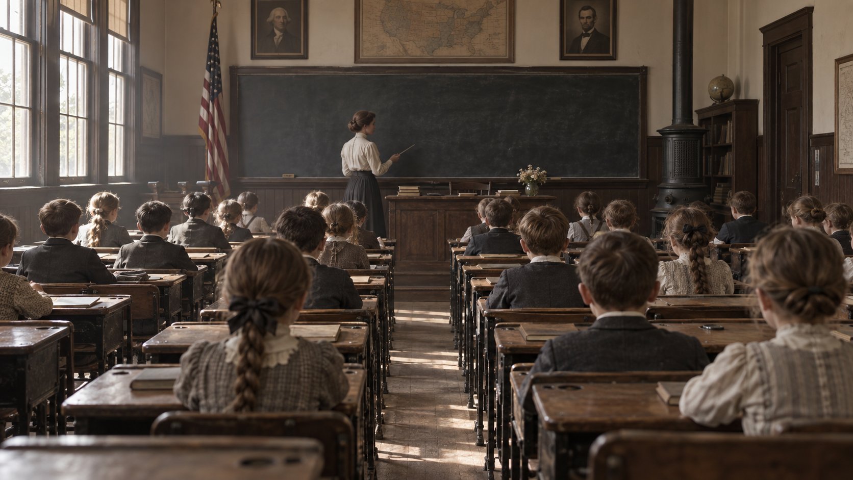An early twentieth-century classroom: rows of identical wooden desks, children seen from behind all facing a teacher at the chalkboard