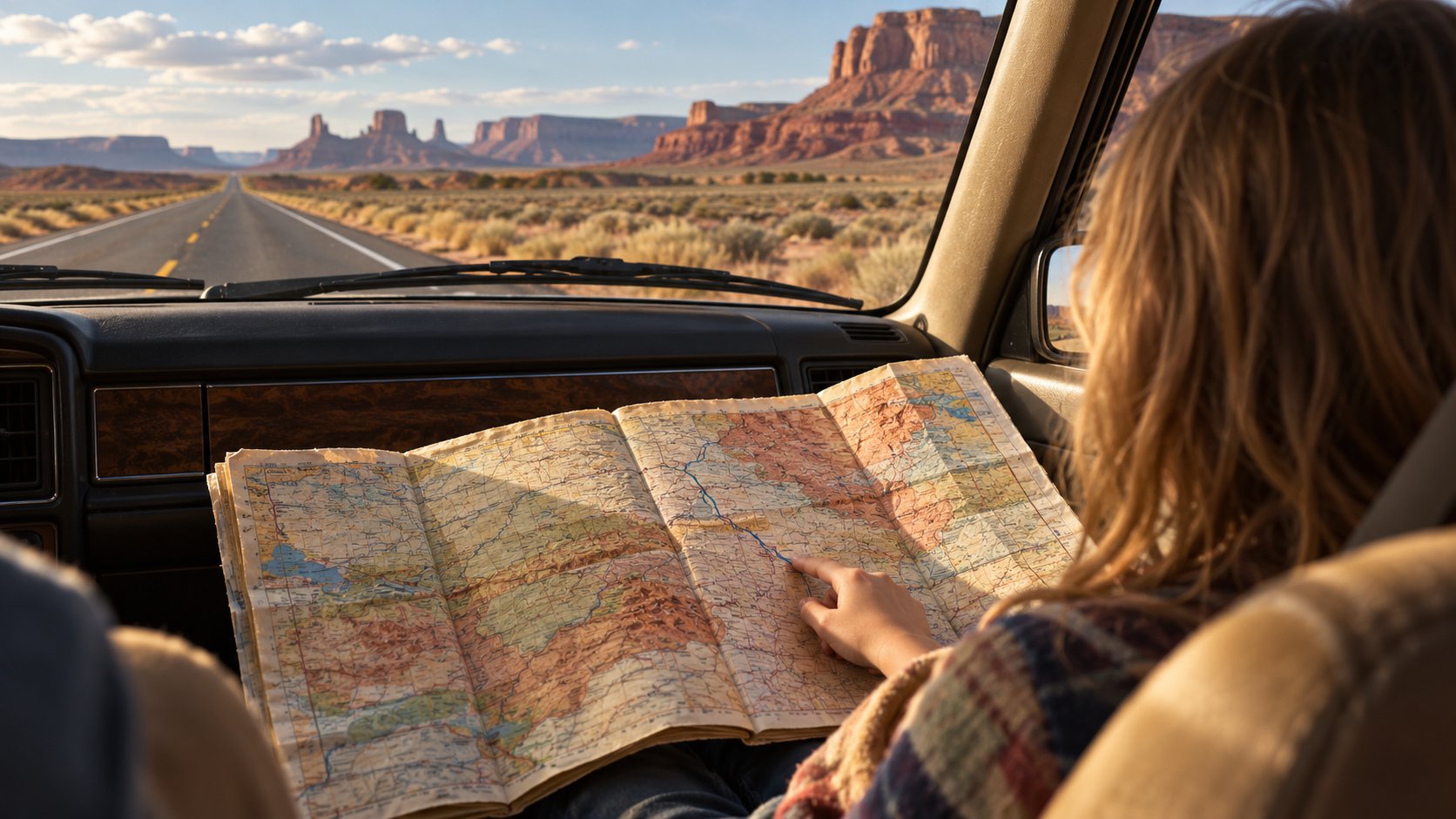 A young navigator in the front passenger seat of an older car with a wood-paneled dash, a huge road atlas open across their lap, desert highway ahead