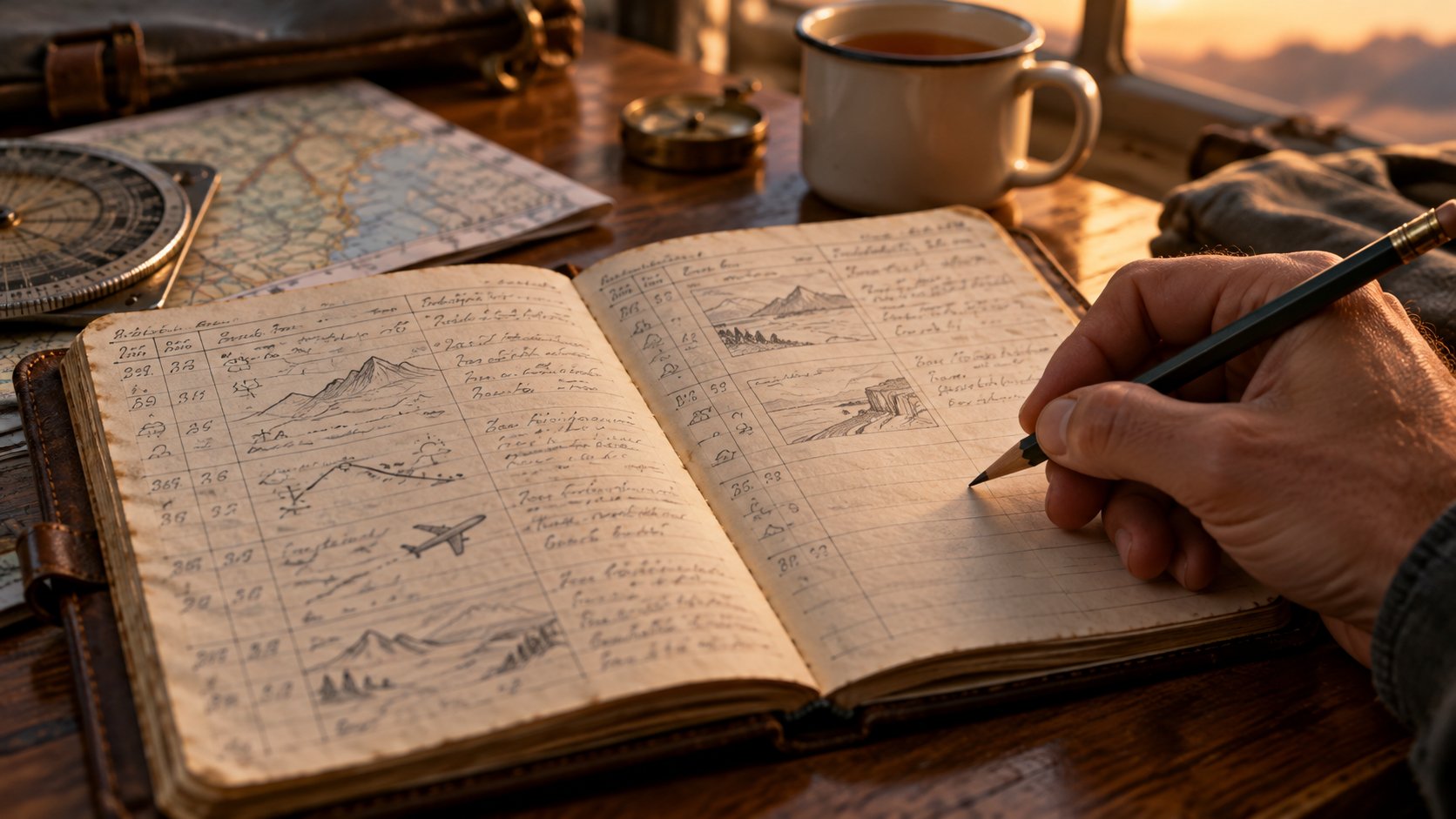 A worn leather logbook open on a wooden table, filled with handwritten entries and small sketches, a hand writing the next entry