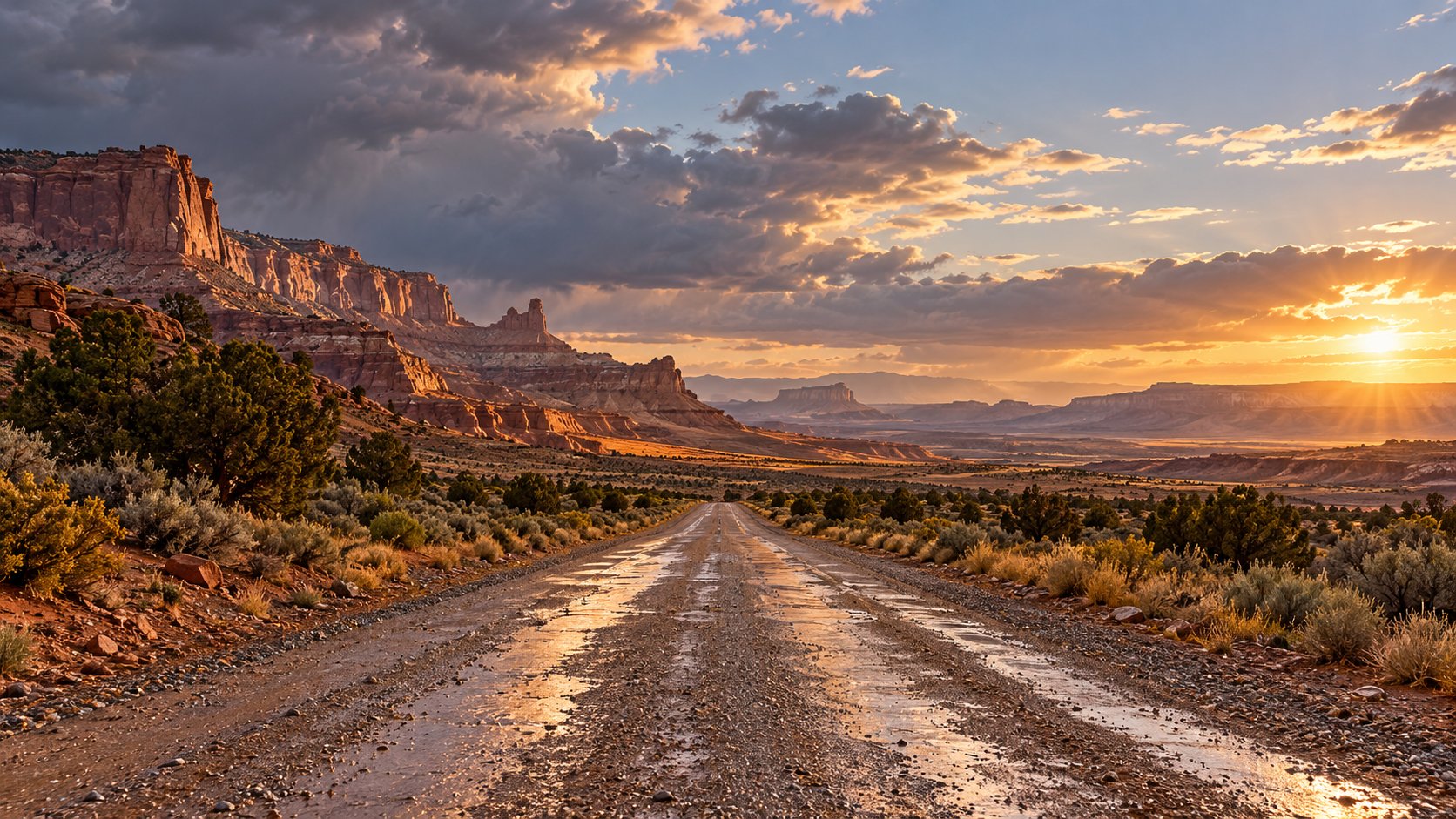 A rain-washed desert road glowing gold at sunset after the storm, red-rock cliffs on the horizon